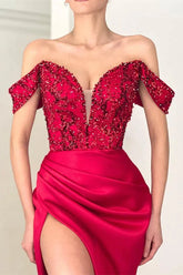 Modern Off-the-Shoulder Red Evening Dress Mermaid Slit With Beads